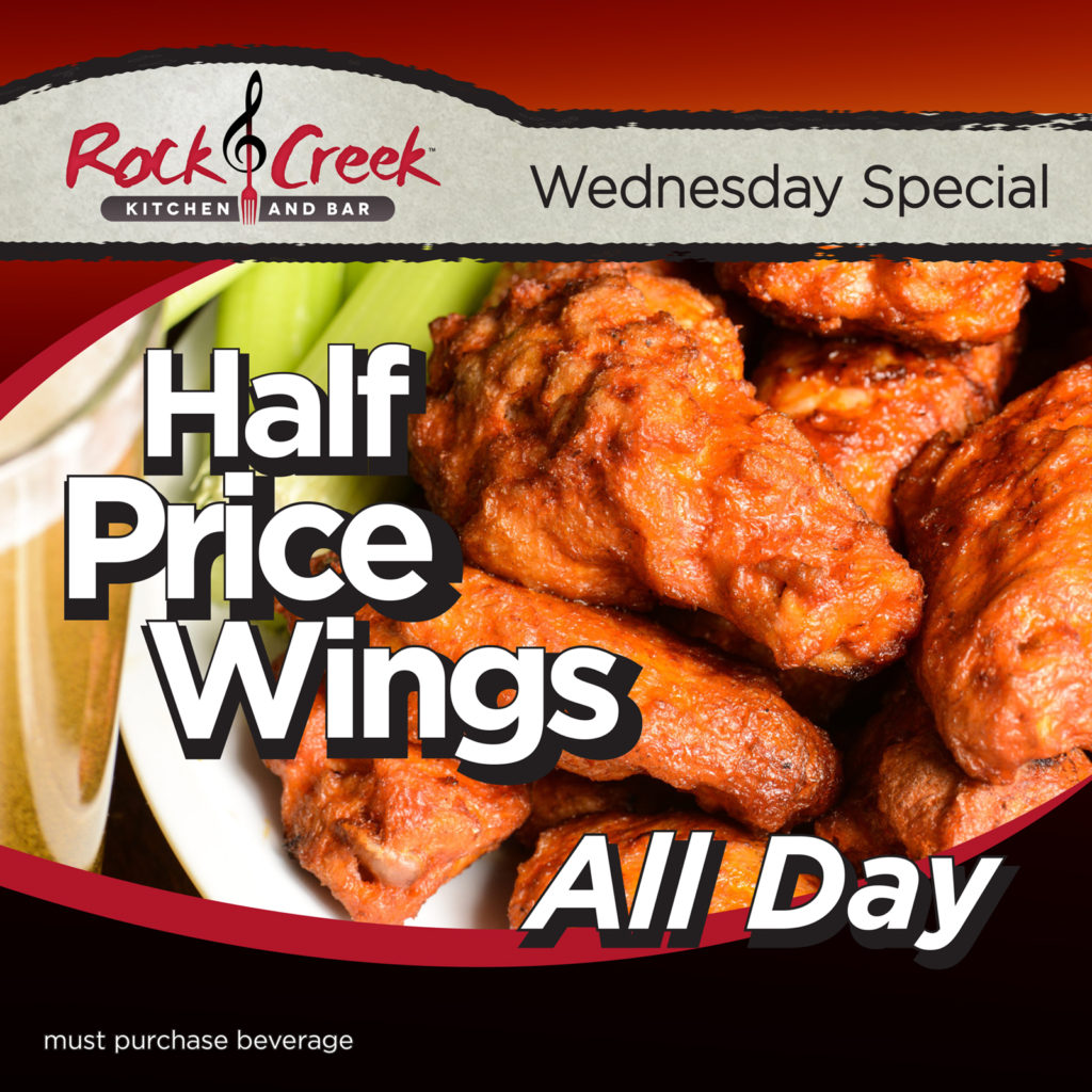 Advertisement for half priced wings every wednesday